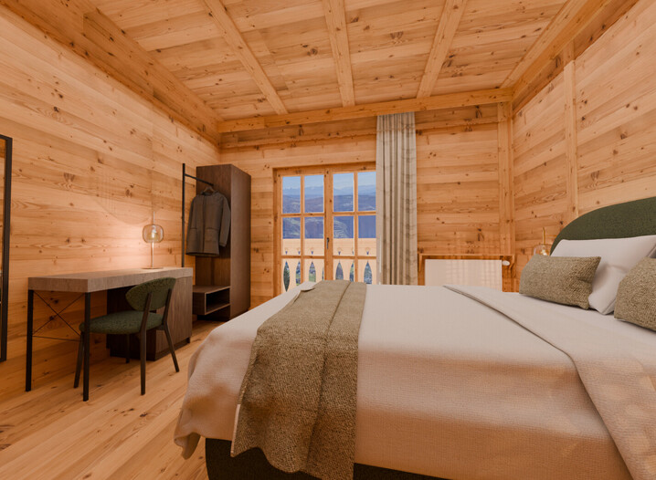 Schlafzimmer mit Holzwänden, großem Bett, Schreibtisch mit Stuhl und Fenster mit Blick auf Berge.