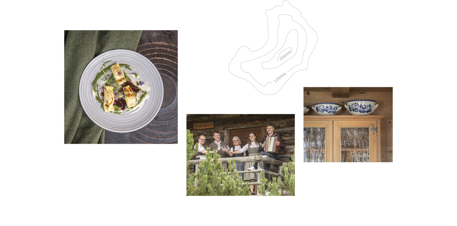 Drei verschiedene Fotos. Einmal sind fünf Personen in traditioneller Tracht vor einer Hütte. Ein Essensfoto mit Ravioli auf grüner Sauce und eine Detailaufnahme eines alten Schrankes mit Gläsern und mehreren Vintage-Schüssel oben drauf.