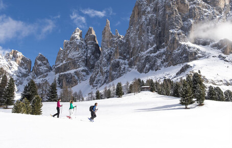 Drei Personen beim Schneeschuhwandern auf verschneiter Fläche vor schroffen, schneebedeckten Felsen und vereinzelten Nadelbäumen unter blauem Himmel.