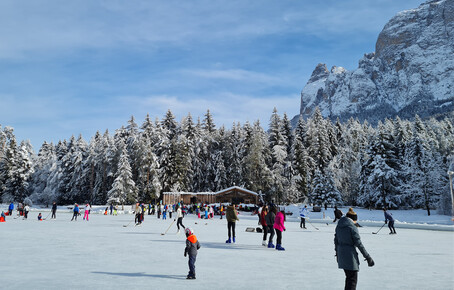 Persone che pattinano su uno stagno ghiacciato davanti a un bosco innevato e uno scenario montuoso.