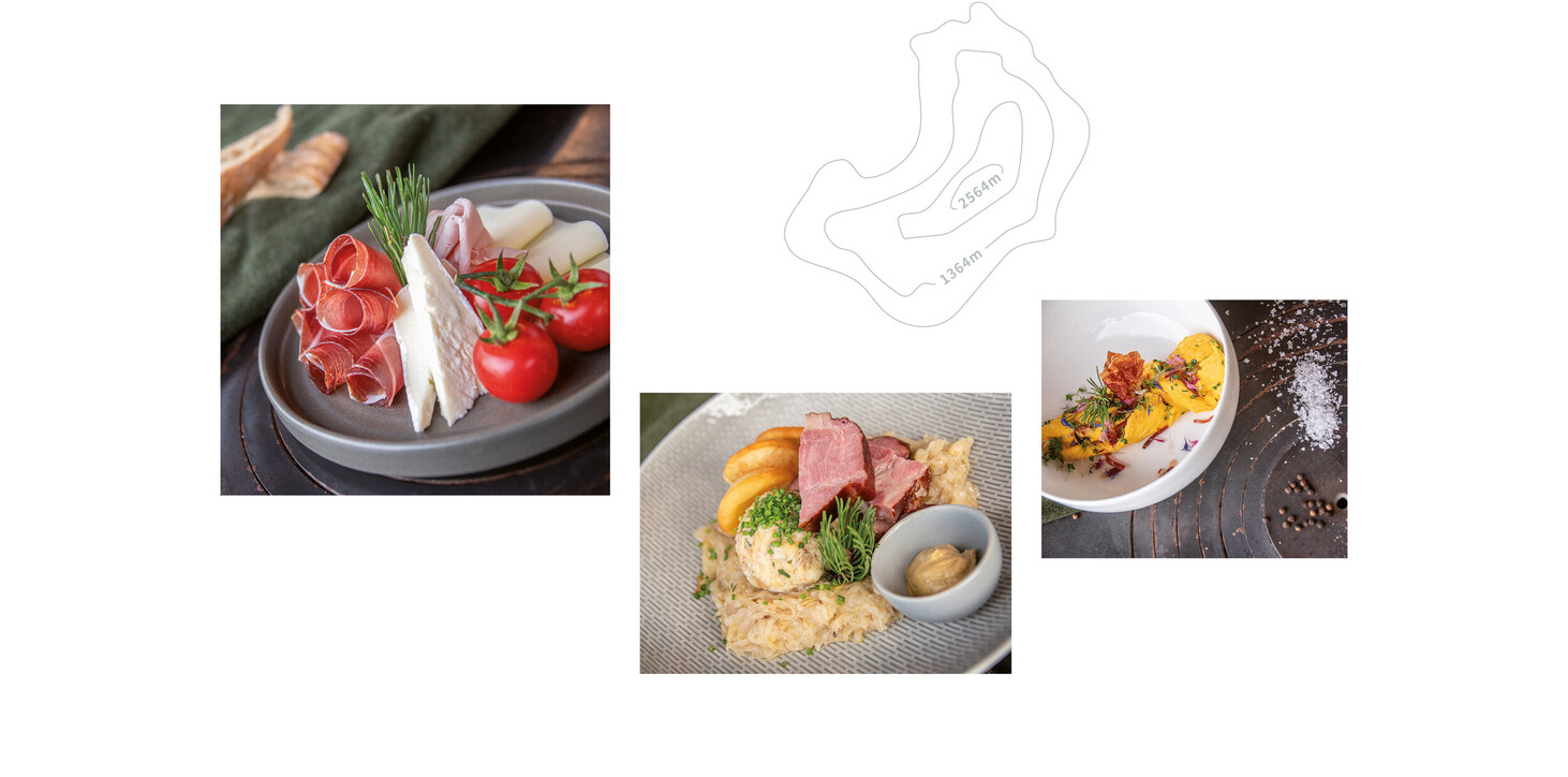 Three plates with different dishes, including cold cuts with tomatoes, a dish with meat and side dish, and a plate with scrambled eggs, accompanied by a schematic map with marked hiking trails.