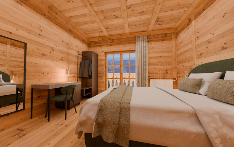 Holzgetäfeltes Schlafzimmer mit Doppelbett, Schreibtisch, Stuhl, Garderobe und Fenster mit Blick nach draußen.