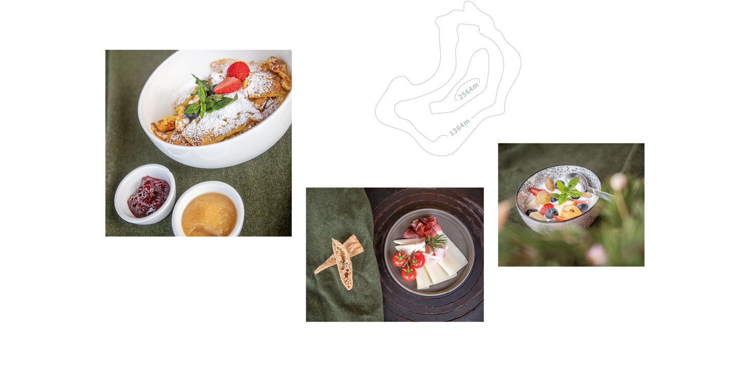 Three different photos, one showing Kaiserschmarren with cranberry jam and apple sauce. Another photo shows cold cuts with bacon, cheese, tomatoes and Schüttelbrot. The last photo shows a bowl of yoghurt and fruit.