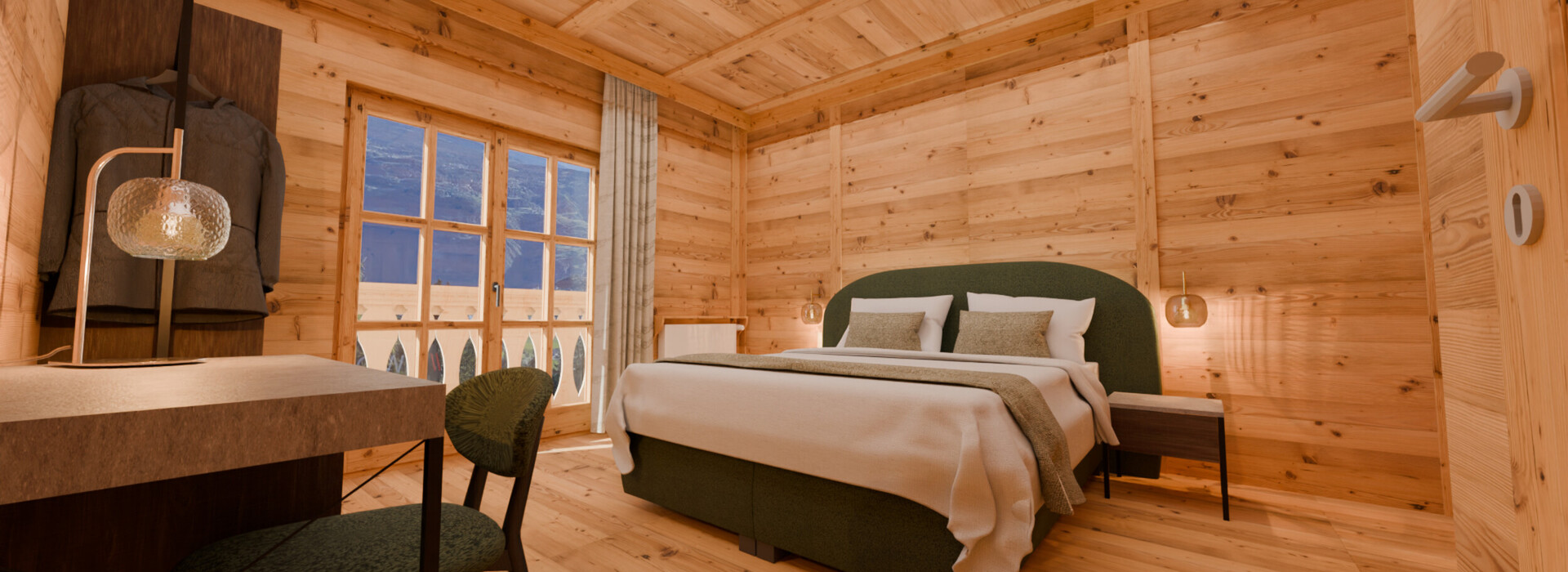 Schlafzimmer mit Holzwänden und -boden, Doppelbett mit weißen Bettdecken, Nachttisch mit Lampe, Stuhl und Tisch, Fenster mit Blick auf Berge.