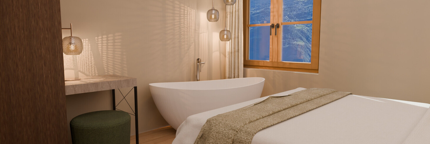 Schlafzimmer mit Doppelbett, freistehender Badewanne, Fenster mit Bergblick und Holzboden.
