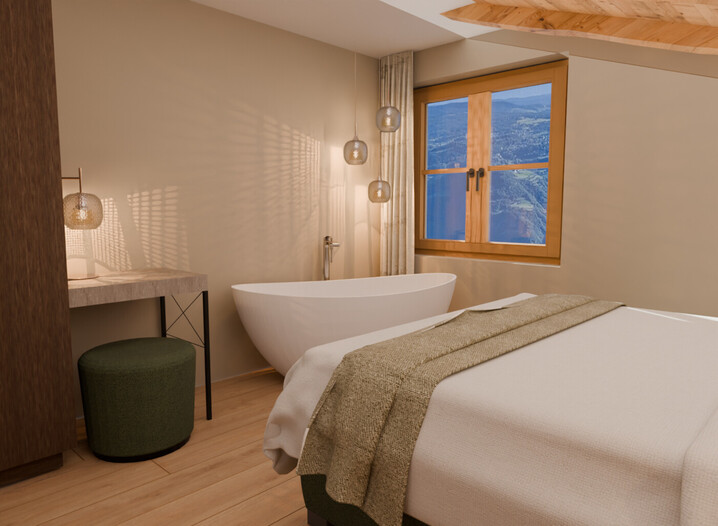 Schlafzimmer mit Doppelbett, freistehender Badewanne, Fenster mit Bergblick und Holzboden.