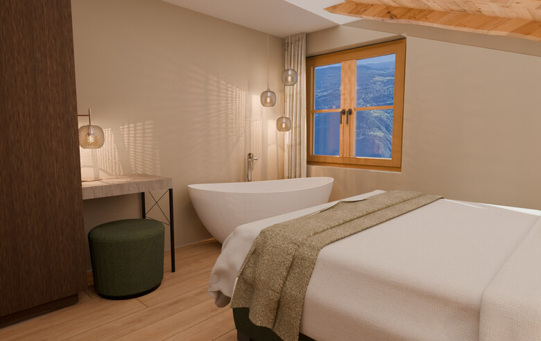 Schlafzimmer mit Doppelbett, freistehender Badewanne, Fenster mit Bergblick und Holzboden.