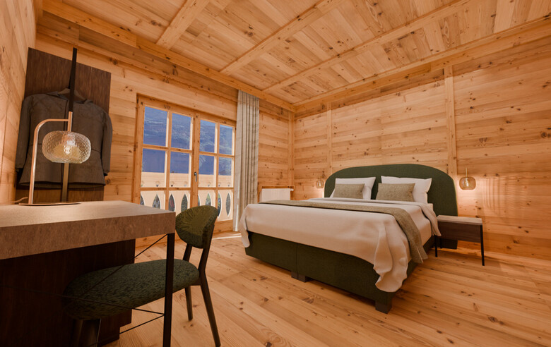 Camera da letto con pareti e pavimento in legno, letto matrimoniale con coperte bianche, comodino con lampada, sedia e tavolo, finestra con vista sulle montagne.
