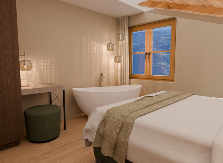 Camera da letto con letto matrimoniale, vasca da bagno indipendente, finestra con vista sulle montagne e pavimento in legno.